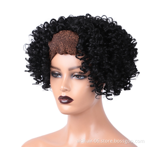 Cheap wholesale short black water wave good kinky curly synthetic headband attached wig grip black women brazilian